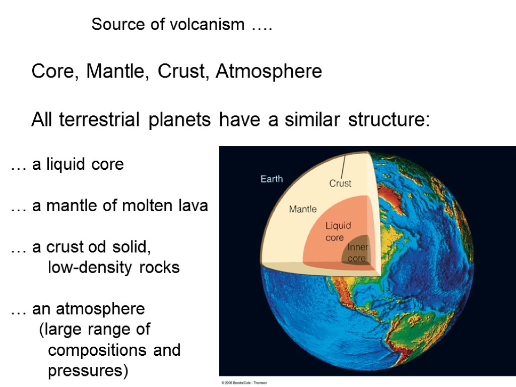 Core, Mantle, Crust, Atmosphere All terrestrial planets have a similar structure: … a liquid